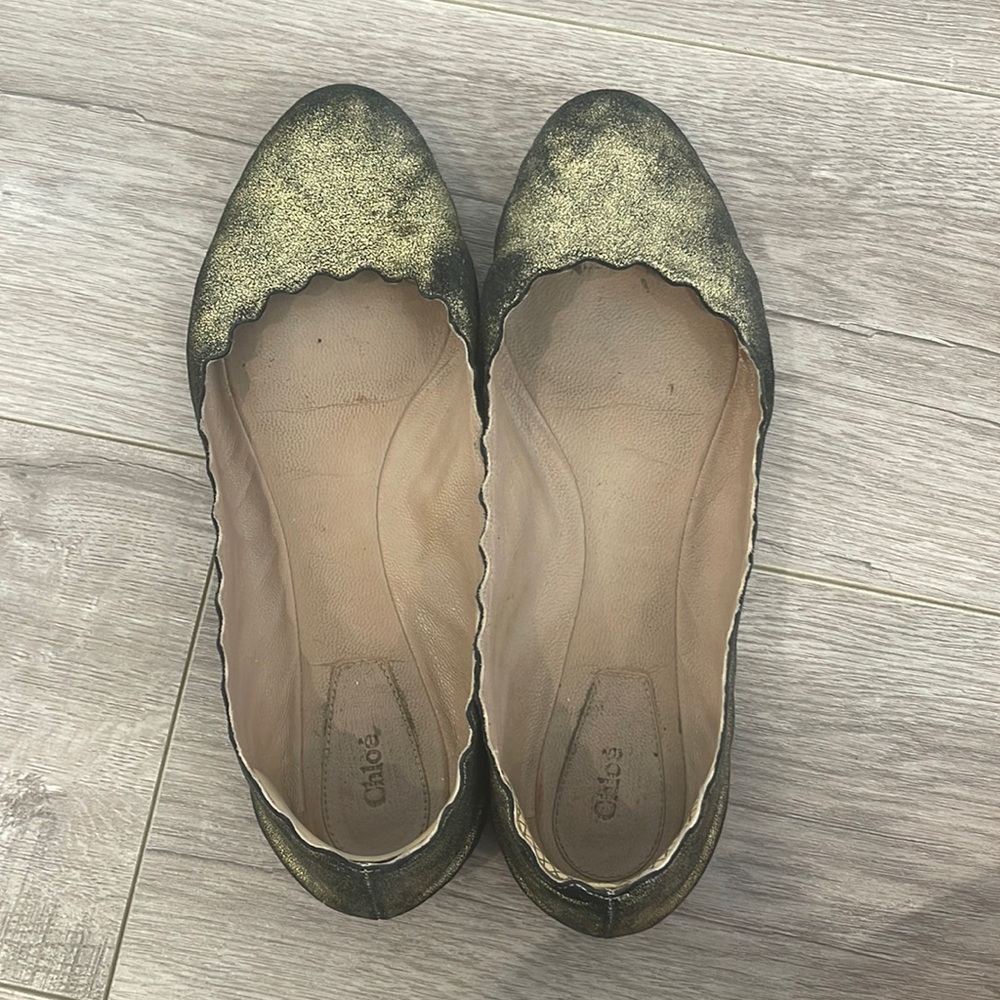 Chloe Lauren scalloped ballet flat suede black and gold size 37